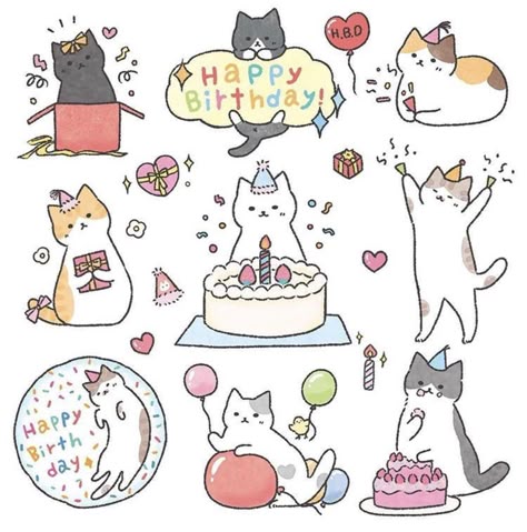 Happy Birthday Drawings, Birthday Doodle, Birthday Card Drawing, Cat Birthday Card, Cat Doodle, Stickers Kawaii, Bday Cards, Card Drawing, Art Diary