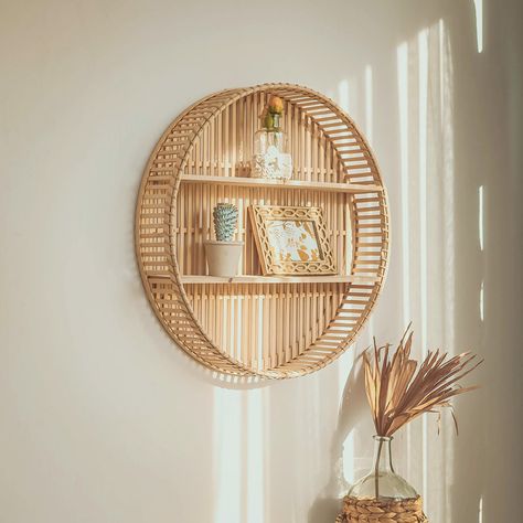 Bay Isle Home™ Dunseith 2 Piece Circle Accent Shelf with Live Edge & Reviews | Wayfair Natural Shelf Decor, Wall Decor With Hooks, Small Living Room Shelves, Simple Boho Apartment Decor, Shelves For Bedroom Wall, Floating Bookshelf Decor, Room Decor For Shelves, Boho Living Room Decor Inspiration, Round Shelf Decor Ideas