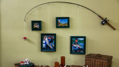 DIY Fishing Pole Frames 6/29 Fishing Pole Decor, Pole Decor, Diy Fishing Pole, Fishing Bedroom, Diy Fishing, Diy Gifts For Men, Fishing Room, Fishing Diy, Diy Picture Frames