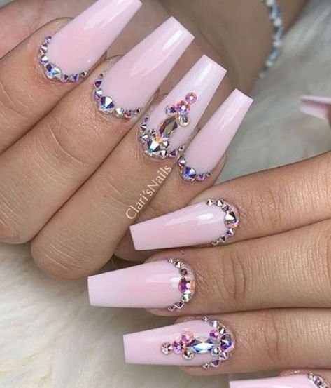 Baby Pink Nails Acrylic, Gem Nail Designs, Diamond Nail Designs, Baby Pink Nails, Pink Glitter Nails, Light Pink Nails, Hot Pink Nails, Short Coffin Nails, Swarovski Nails