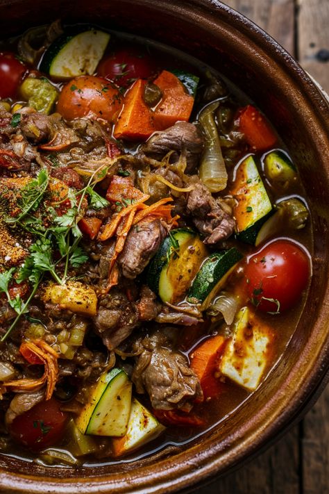 A bowl of hearty beef stew with vegetables like tomatoes, carrots, and zucchini. Chicken Tagine Recipes Morocco, Easy Tagine Recipes, East African Food, Moroccan Food Recipes, Tajine Recipes, Tagine Recipes Chicken, Moroccan Foods, Moroccan Dish, African Food Recipes