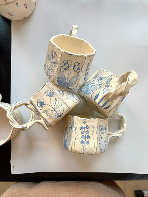 handmade ceramic mug / floral mug Designs On Ceramics, Handbuilding Ceramics Ideas, Boho Ceramics Ideas, Aesthetic Ceramics Ideas, Handmade Coffee Mugs, Ceramic Cups Ideas, Practical Ceramics Ideas, Clay Mug Ideas Design, Ceramic Wedding Gift