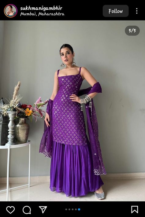 Purple Sharara Outfit, Diwali Outfit Aesthetic, Diwali Outfit Inspo For Women, Strap Suits Indian, Diwali Outfit Ideas For Women 2023, Purple Ethnic Wear, Aesthetic Party Outfits Night, Diwali Dress Ideas, Diwali Fits