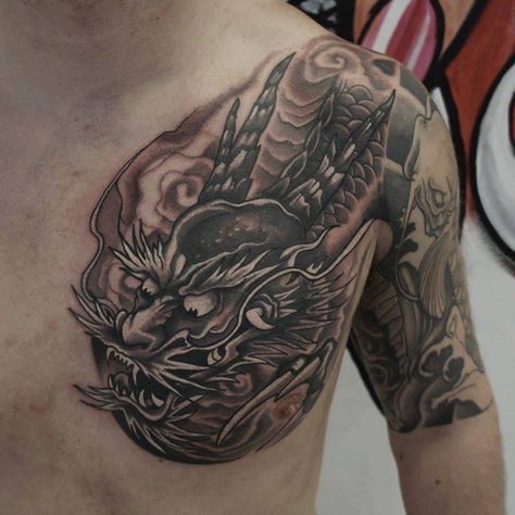 Dragon chest piece following on from half sleeve. By Edo at Believer Tattoo Glasgow Scotland. Dragon Chest Tattoo, Dragon Tattoo Chest, Revival Tattoo, Winning Tattoo, Japanese Dragon Tattoo, Chest Piece Tattoos, Japanese Dragon, Chest Piece, Blackpool