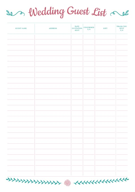 Use this printable wedding guest list template to keep track of all guest names, their address, contacts, gift received, etc. It will help you don't miss somebody special, count number of guests, thank you note sent. Sections available in this template: Guest Name Address Date invitation sent Confirmed yes/no Gift Thank you sent yes/no  #weddingchecklistpdf #weddingbindertemplates #weddingplannerbook #templates #printable Wedding Guest Checklist, Wedding Guest List Printable, Guest List Template, Free Wedding Planner Printables, Wedding Guest List Template, Wedding Planning Printables, Binder Templates, Wedding Budget Planner, Wedding Planning Binder