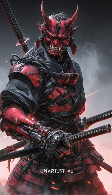 Oni Ninja, Digital Art Tutorial Photoshop, Demon Samurai, Guerriero Samurai, Oni Samurai, Ninja Samurai, Ronin Samurai, Japanese Art Samurai, Oni Demon