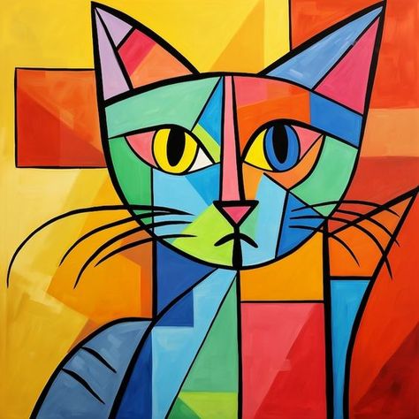 The Cat's Visage Exhibits a Cubist Twist - Etsy Canada Abstract Cat Art, Kitty Face Paint, Abstract Art For Kids, Pop Art Cat, Cubist Art, Cubism Art, Picasso Art, Acrylic Painting For Beginners, Colorful Animals