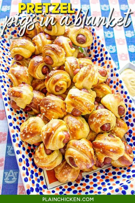 Pretzel Pigs in a Blanket - transform refrigerated crescent rolls into a delicious snack! These are SO easy and SO addictive! You can't eat just one! Lit'l smokies, dijon mustard, and crescent rolls boiled in water and baking soda then baked. Great for parties and tailgating. Everyone LOVES this easy appetizer recipe! #partyfood #crescentrolls #appetizer #littlesmokies #tailgating #gameday Pretzel Pigs In A Blanket, Pig In A Blanket, Football Friday, Plain Chicken, Crescent Roll Recipes, Crescent Roll Dough, Superbowl Snacks, Pigs In A Blanket, Super Bowl Food