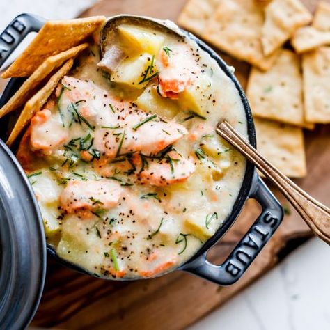 Salmon Chowder Recipe Easy, Salmon Chunks, Fish Soups, Salmon Chowder Recipe, Smoked Salmon Chowder, Chicken Chimichanga, Munchkin Time, Soup Dishes, Golden Potatoes