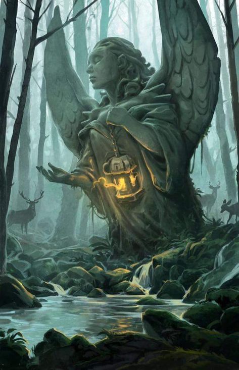 Large Angel Statue in a Dark Forest Landscape Designs, 다크 판타지, Fantasy Setting, Fantasy Places, Fantasy Art Landscapes, Fantasy Concept Art, Arte Fantasy, 판타지 아트, Environment Concept Art