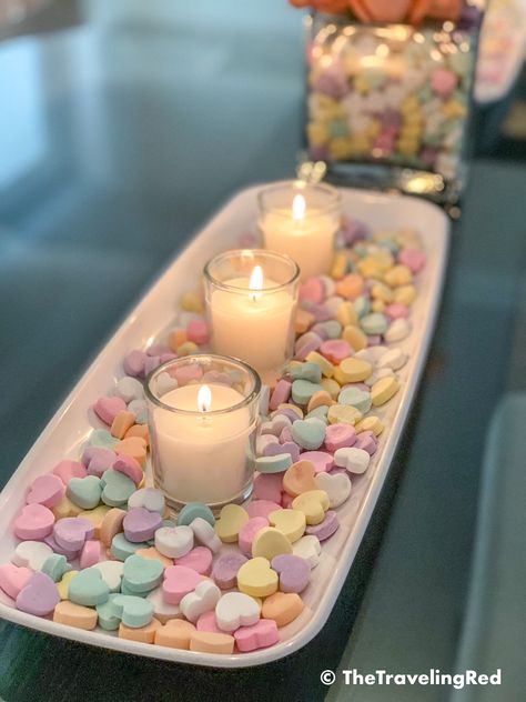 EASY PEASY VALENTINE'S DAY HOME DECOR – SIMPLE & INEXPENSIVE, BUT FESTIVE Galentines Party Set Up, Valentines Themed Baby Shower Ideas, Coquette Galentines, Sweetheart Candies, Church Valentines, Valentine Day Table Decorations, Galentines Day Ideas, Valentines Brunch, Sweetheart Candy