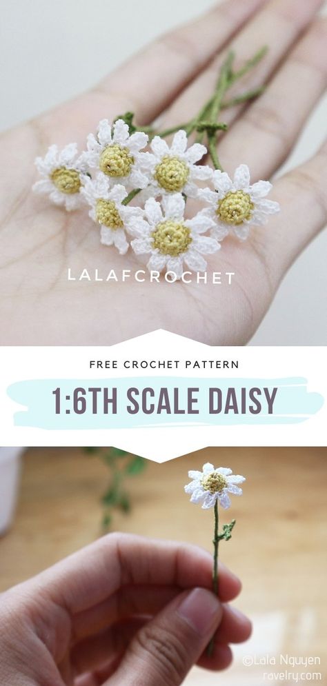 Crochet Flower Details, Tiny Crochet Flowers Pattern, Crocheted Daisy Free Pattern, Tiny Crocheted Flowers, Daisy Pattern Crochet, Free Flower Crochet Pattern, Tiny Crochet Pattern Free, Knit Flowers Free Pattern, Microcrochet Patterns Free