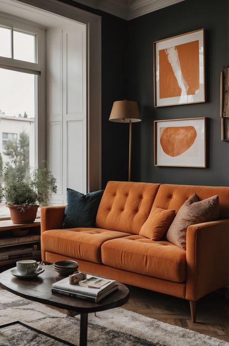 Orange Couch Living Room Dark Green Walls Orange Sofa, Rust Couch Decor, Mid Century Leather Sofa Living Room, Living Room Burnt Orange Couch, Snug Ideas Family Rooms, Terracotta Sofa Living Room Ideas, Cinnamon Couch Living Room, Dark Orange Couch, Rust Sofa Living Room Color Schemes