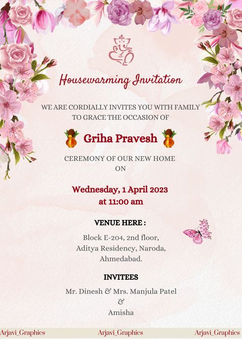 Customize this Indian Griha Pravesh Invitation Card just for Rs. 200 /-  Dm for order and inquires🌸💟 @arjavi.graphics22 or WhatsApp +91 9173020161 This invite can be used for Housewarming Ceremony, inauguration & Store opening Ceremony, Other Indian Ocassions like Vastu Shanti, Shree Satyanarayan pooja & much more.  #Housewarming #GrihaPravesh #invitationcards #Vastupooja #eventplanning #customdesign #specialoccasion #celebration #partyplanning #uniqueinvitations #personalized House Inauguration Invitation Card, Invitation For House Warming Ceremony, Invitation Card For House Warming, Indian Housewarming Invitation Templates, Griha Pravesh Invitation Card Template, House Warming Invitations Template, Griha Pravesh Invitation Card, Satyanarayan Pooja, Housewarming Invitation Cards