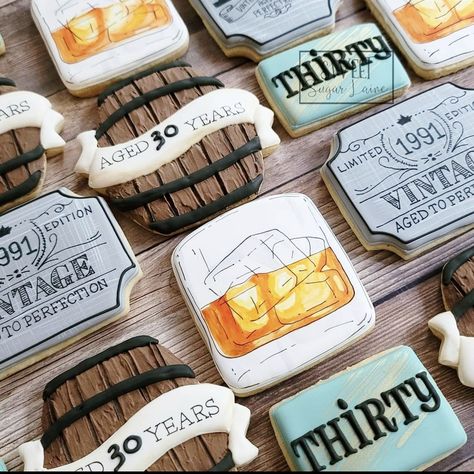 55 Birthday Cookies For Men, 30th Birthday Party Favors For Men, 40th Birthday Ideas For Men Whiskey, 40th Birthday Whiskey Theme, Men Birthday Cookies, 30th Birthday Themes Men, Whiskey Cookies Decorated, Men’s Dirty 30 Birthday, Guy 30th Birthday