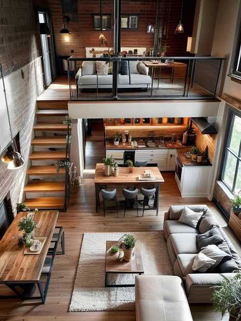 Tiny Loft House Floor Plans, Best Studio Apartment Layout, 2 Story Loft Apartment, Large Loft Ideas Upstairs, Loft Adu, Office With Mezzanine, Small Mezzanine House Design, Loft Type House Small Spaces, Loft Spaces Ideas