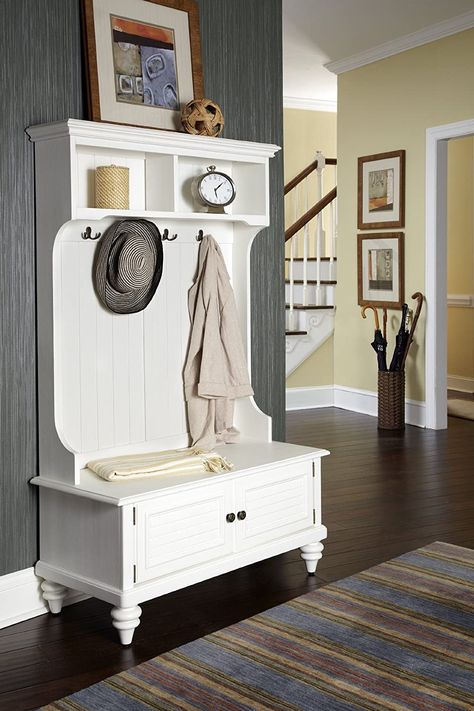 Amazon.com: Bermuda White Hall Tree by Home Styles: Home & Kitchen White Hall Tree, Hall Tree Bench, Hall Tree With Storage, Shoe Rack Bench, Shoe Rack Entryway, Entryway Shoe, Small Item Storage, Hall Tree, Entryway Furniture