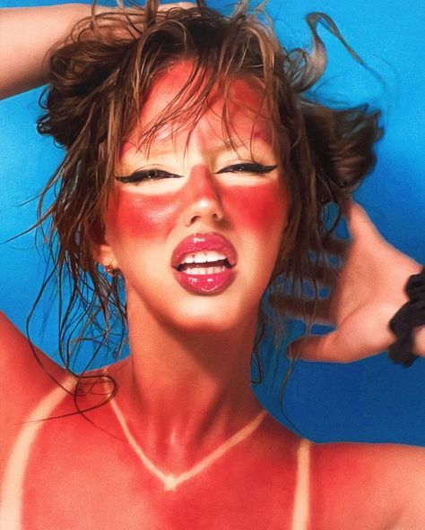 Sunburn Makeup Look, Makeup Shoot Ideas Photoshoot, Sunburnt Makeup, 1990 Makeup, Sunburn Makeup, Photoshoot 2000s, Camp Makeup, Desert Makeup, Makeup Photoshoot Ideas