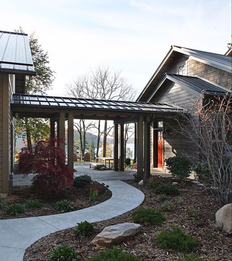 Dunham Lake House | Angelini & Associates Architects Exterior Lake House, Garage Breezeway, Covered Breezeway, Garage Extension, House On A Budget, Mountain Home Exterior, Exterior Finishes, Covered Walkway, Homes Ideas