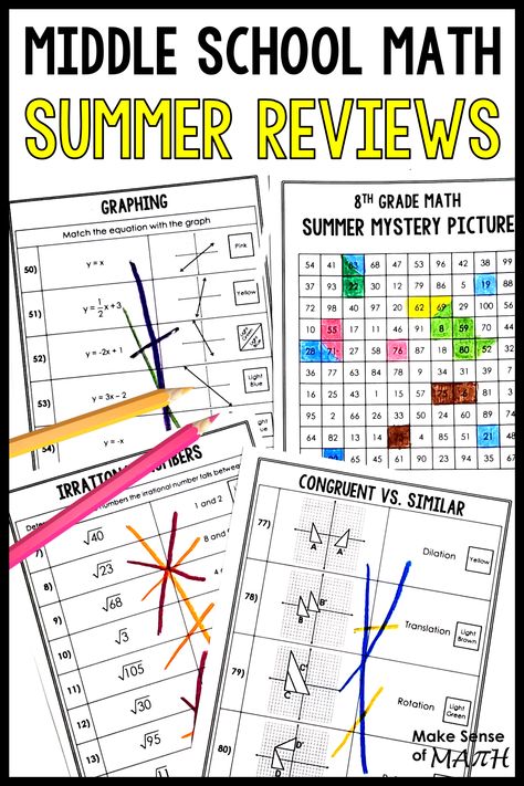 Are you worried about your child falling behind in math this summer? Summer can be a challenging time for any student, as he or she attempts to retain the knowledge learned throughout the school year. But don't worry! Our Middle School Math Summer Packet Review can help. Our summer packet is designed for both 7th and 8th grade math and covers all the topics needed for a complete and comprehensive summer review. Middle School Summer School Ideas, Patriotic Math, Summer School Work, Middle School Math Worksheets, Summer Lesson Plans, Seventh Grade Math, Summer Packet, Graphing Linear Equations, Summer Review