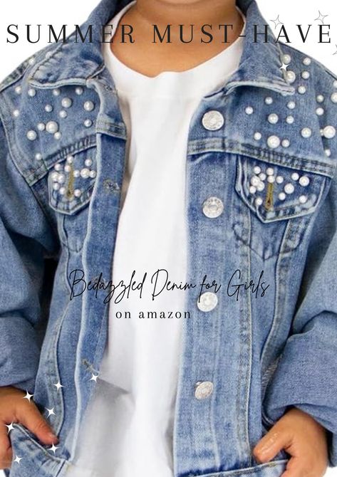 Bedazzled fun denim jacket for girls, easter gift, easter basket stuffer, fun summer gift, jean jacket, love, cute, fun, gift for girls Jean Jacket With Pearls, Jean Jacket Ideas, Girls Jean Jacket, Fun Denim, Pretty Robes, Kids Denim Jacket, Jacket For Girls, Jean Jacket For Girls, Girls Denim Jacket