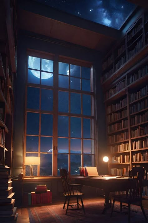 Midnight Library: Serene Reading Nook Under the Moonlight, Dark Wallpaper, Book Lover, Study Motivation -   A cozy, inviting home library at night. Bookshelves filled with an array of books. A wooden desk in front of a large window offering a view of a luminous full moon and a starry sky. Tranquil solitude, inspirational home librariy, reading nook, serene space for contemplation and study. -   Library Room, Bookshelves, Home Library, Bookshelf Styling, Library Room Ideas, Library Design, Cozy Book Nook, Calming Corner, Home Decoration Idea, Home Interior Design, Restful Moment, Book Wallpaper Library Room Bookshelves, Wallpaper Book Lover, Room Ideas Library, Night Library, Library Room Ideas, Cozy Book Nook, Environment Study, Book Wallpapers, Romanticise School