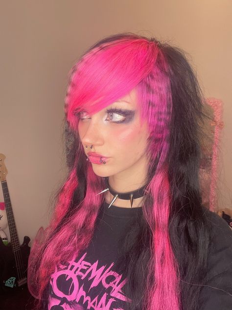 Pink Black Split Dye, Pink Striped Hair, Fun Hair Dye Ideas, Punk Hair Color, Striped Hair, Black And White Hair, Pattern Hair, Punk Hair, Alternative Hair