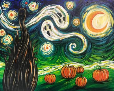 Join us for this fun twist on Van Gogh's Starry Night - Halloween Edition at Pinot's Palette studio near you! "There is magic in the night when th... Arte Van Gogh, Halloween Tattoo, Paint Nite, Starry Night Van Gogh, Halloween Painting, Halloween Snacks, Paint And Sip, Halloween Cupcakes, Autumn Art