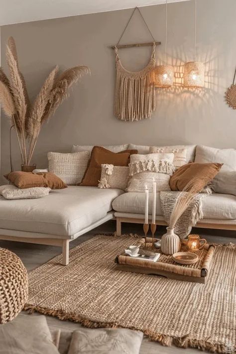 Boho Style Home Living Rooms, Boho Condo Decor, Inside Mobile Home Ideas, Boho Chic Small Living Room, Beige Home Aesthetic Living Room, Earthy Boho Apartment, Beige Home Decor Living Room, Beige Walls Interior, Boho House Decor Ideas