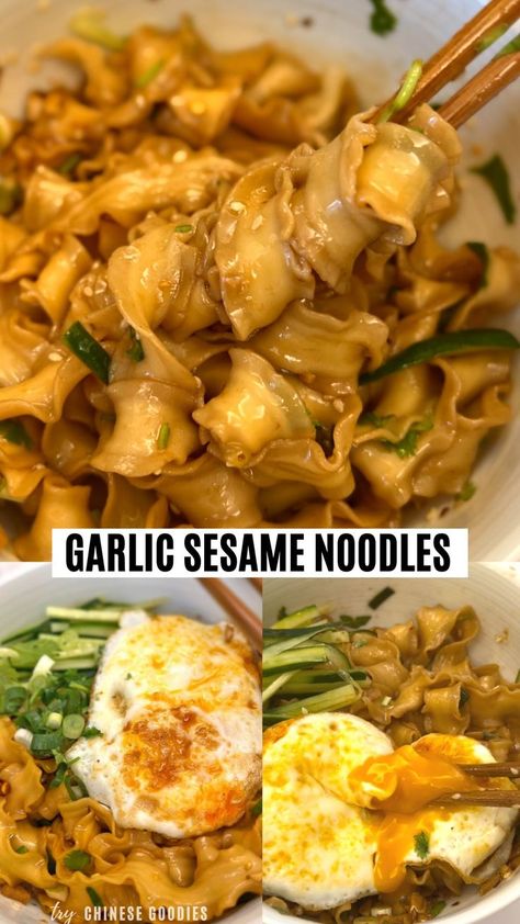 Easy and quick Asian spicy garlic sesame noodles full of sesame oil and garlic flavor. They're suitable as a quick lunch, dinner or lunchbox. Asian Egg Noodle Recipes, Garlic Sesame Noodles, Low Calorie Vegetarian, Sesame Oil Recipes, Soy Sauce Noodles, Sesame Noodle, Asian Pasta, Egg Noodle Recipes, Healthy Low Calorie