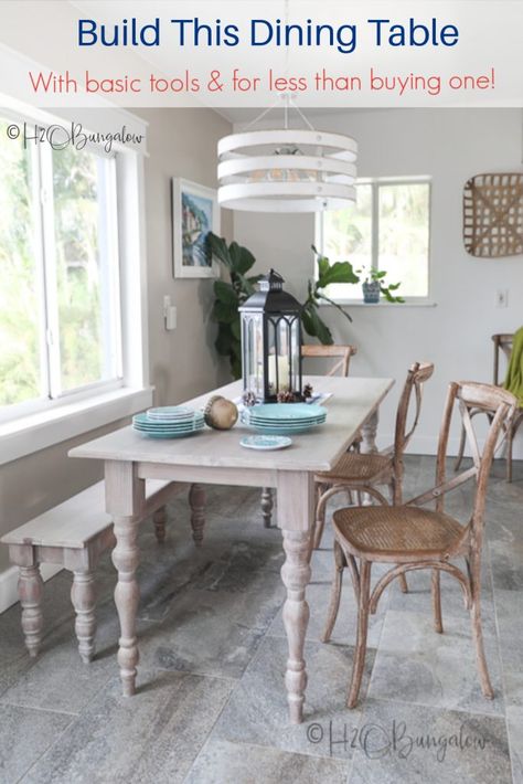 How To Build A Dining Table - H2OBungalow Build Your Own Dining Table, Small Rectangle Kitchen Table, Small Rectangle Dining Table, Beachy Furniture, Table With Bench, Diy Kitchen Table, Budget Friendly Diy, Small Kitchen Tables, Coastal Crafts