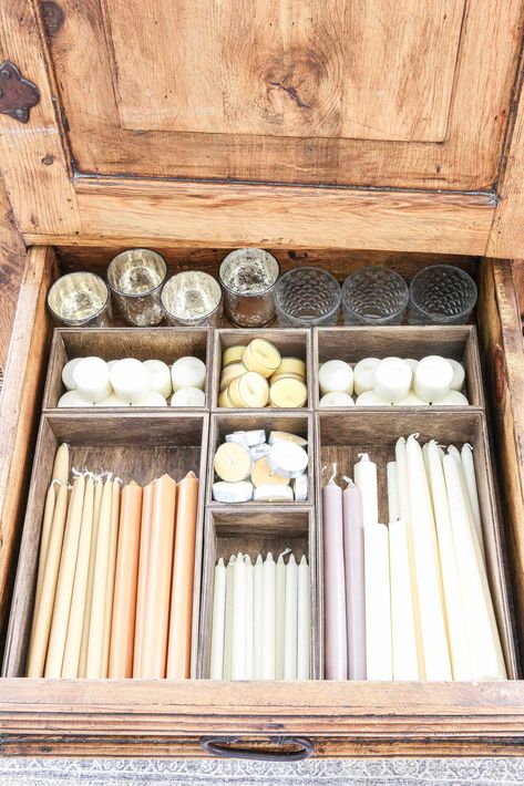 How to Store and Organize Candles How To Store Candles, Candle Organization Storage, Organize Candles, Candle Storage Ideas, Bohemian Candles, Candle Storage, Junk Organization, Amour Art, Colored Taper Candles