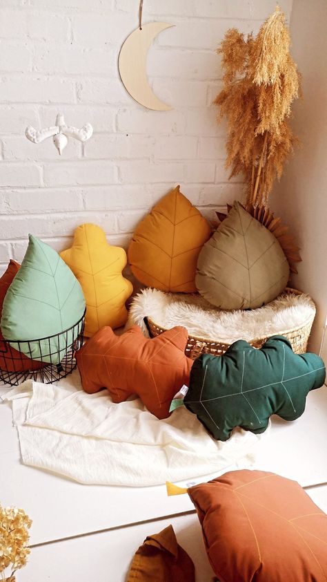 Leaf shaped pillows! Add some jungle theme to your rooms with our baby pillow leaf. Offered in different color and leaf shape.  This leaf cushion is a perfect addition to a child's nursery bedroom. It will look lovely in woodland, jungle, adventure and floral themed interiors. Measuring approximately: 18"x 12.5" (46 cm × 32 cm) Material: cotton Fill: 100% polyester Write us your choice in the box personalization box. Let me know if you have other questions, I will reply you in less than 24h. Han Ikea Big Leaf, Woodland Nursery Colors, Woodland Nursery Accessories, Forest Themed Boys Bedroom, Woodland Throw Pillows, Yellow Woodland Nursery, Autumn Theme Nursery, Leaf Shaped Pillow, Nursery Terracotta Green