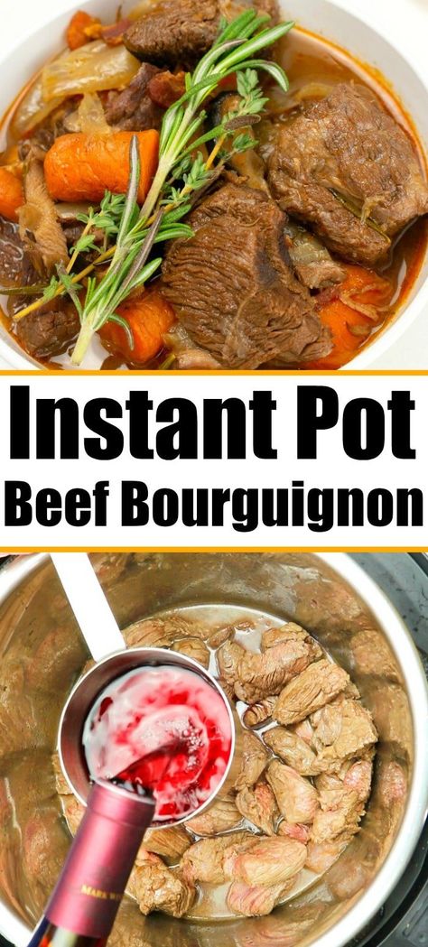 Instant Pot Beef Bourguignon cooked with red wine, vegetables and seasonings turns out amazingly tender and flavorful! You've gotta' give this a whirl. Instant Pot Beef Bourguignon, Savory Meals, Potted Beef, Slow Cook, Holiday Meal, Easy Instant Pot Recipes, Instapot Recipes, Instant Pot Pressure Cooker, Sweet And Savory