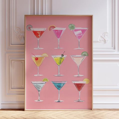 - New With Tags - Unframed - Measurements Are In Inches Urban Outfitters Art, Girly Kitchen, Happy Hour Print, Martini Poster, Kitchen Wall Prints, Girly Drinks, Retro Bar Cart, Bar Cart Print, Pink Dorm