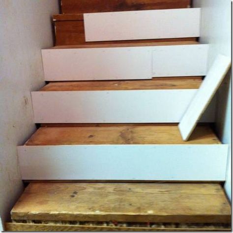 How To Install Stair Treads And Risers, New Stair Treads, Stair Treads And Risers, Pine Stair Treads, Stairway Makeover, Refinish Stairs, Stairs Skirting, Diy Floors, Beach Stairs