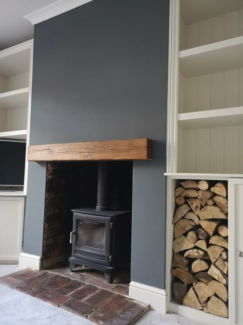 Sides Of Fireplace, Oak Beam Fireplace, Alcove Ideas Living Room, Wood Burner Fireplace, Wood Burning Stoves Living Room, Alcove Ideas, Log Burner Living Room, Fireplace Feature Wall, Feature Wall Living Room