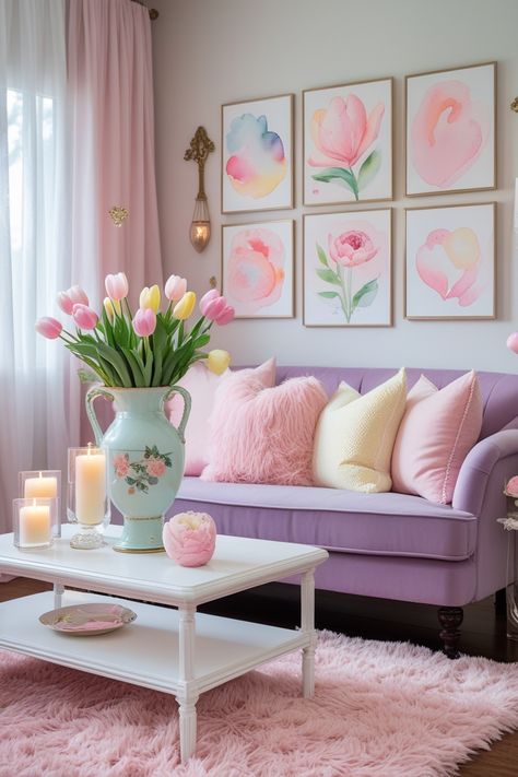 A beautifully decorated Valentine's Day living room, transformed into a pastel wonderland of romance and charm. A plush blush pink rug anchors the space, adding warmth and softness underfoot. At the heart of the room, a cozy lilac loveseat is adorned with an inviting mix of soft pink and pastel yellow pillows, creating a dreamy, layered look. Valentines Living Room Decor, Valentines Living Room, Blush Pink Rug, Pink Wonderland, Yellow Pillows, Living Room Decor Ideas, Pastel Yellow, Pink Rug, Room Decor Ideas