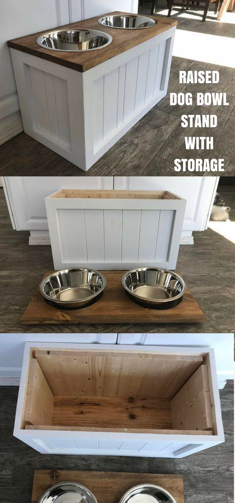 Diy Dog Feeder, Dog Bowls Diy, Dog Food Storage Diy, Dog Food Stands, Dog Food Station, Dog Dishes, Raised Dog Beds, Raised Dog Feeder, Dog Feeding Station