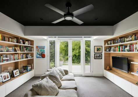 Tv room. Media room. Rumpus Room, Adelaide Hills, Est Living, Black Rabbit, Living Room Shelves, Lounge Decor, Architecture Interiors, Number 6, Family Room Design