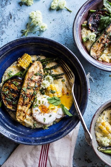 Caramelized Farmers Market Veggies On Herbed Polenta with Brown Harissa Butter | halfbakedharvest.com @hbharvest Herbed Polenta, Harissa Butter, Eggplant Recipes Healthy, Healthy Eggplant, Paella Valenciana, Half Baked, Munnar, Half Baked Harvest, Eggplant Recipes