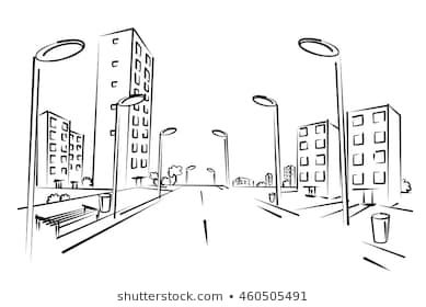 Sketch of city street. Street With Buildings Drawing, Cities Drawing Sketches, Drawing Street Sketch, Street Drawing Sketches Easy, City Street Sketch, Street Drawing Perspective, Street Drawing Simple, Drawing Of A City, Street Perspective