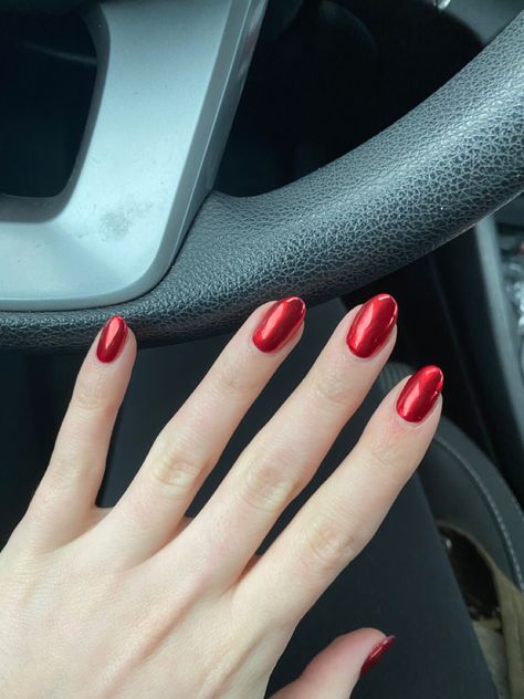 Red Nails Metallic, Red Chrome Dip Powder Nails, Metalic Red Nail, Red Nails Crome, Res Chrome Nails, Iridescent Red Nails, Red Shine Nails, Red Crome Nails Design, Christmas Nails Red Chrome