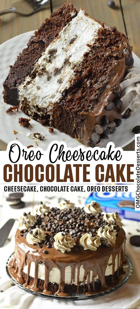 Creamy no-bake Oreo cheesecake filling sandwiched between rich, moist chocolate cake dripping with a milk chocolate ganache. Oreo Cheesecake Chocolate Cake, Cheesecake Chocolate Cake, Cheesecake Cake Recipes, Chocolate Oreo Cake, No Bake Oreo Cheesecake, Dessert Cakes, Cheesecake Chocolate, Decadent Chocolate Cake, Cheesecake Cake