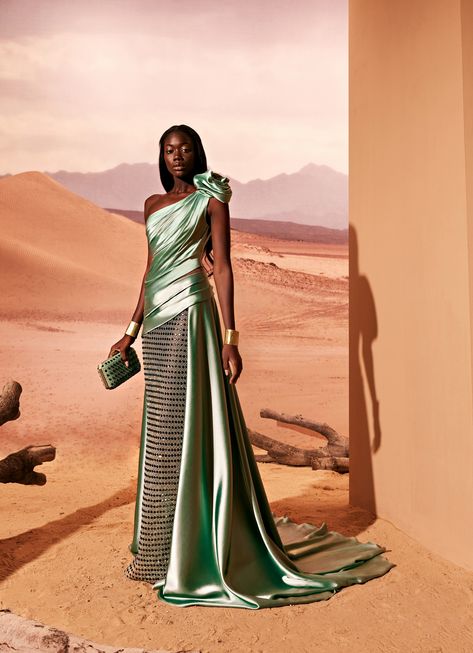 A game of large crepe satin draping on a fitted long water green dress with an asymmetrical sleeve and long train; Contrasted with a fully beaded skirt.

#TonyWard #FW24 #RTW #FallWinter #SafariSunset Tony Ward Couture, Angel Sanchez, Sandra Backlund, Beaded Skirt, Irina Shabayeva, Christian Wijnants, Tony Ward, Georges Hobeika, Fall Winter 2024