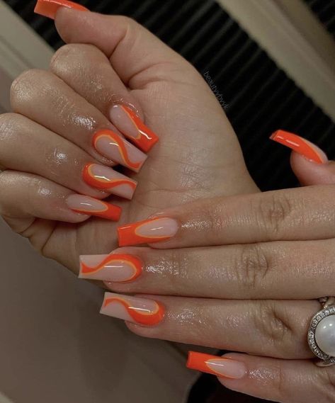 Wedding Guest Nail Designs, Orange Acrylic Nails, Orange Nail Designs, Orange Nail, Short Square Nails, Nail Care Tips, French Tip Acrylic Nails, Simple Acrylic Nails, French Nail Designs