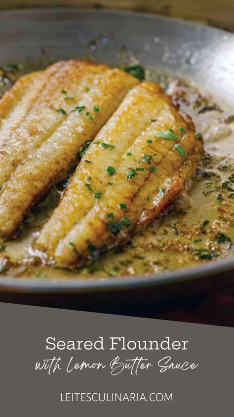 This seared flounder with lemon butter sauce is a quick weeknight meal that you can make on your stovetop. For this simple flounder recipe, the fish is pan-fried until crispy, then finished with butter and lemon juice. Bon appetit! Flounder Recipes Pan Seared, Pan Fried Fish With Lemon Butter Sauce, Pan Seared Flounder Recipes, Pan Fried Flounder Recipes, Flounder Fish Recipes Healthy, Smoked Flounder, Grilled Flounder Recipes, Frozen Flounder Recipes, Pan Seared Flounder