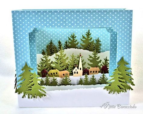 Hill Town Diorama by kittie747 - Cards and Paper Crafts at Splitcoaststampers Christmas Diorama, Christmas Shadow Boxes, Impression Obsession, Interactive Cards, Shaped Cards, Fancy Fold Cards, Card Tutorial, Marianne Design, Fancy Folds