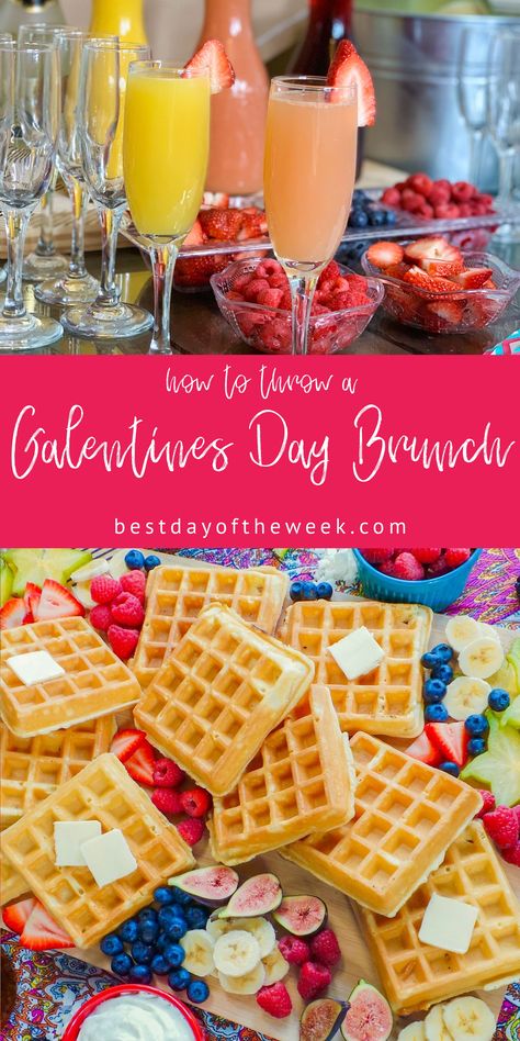 Brunch Ideas Valentines Day, Galentines Brunch Food Ideas, Galentines Brunch Menu Ideas, Galentine Brunch Ideas, Galentine Brunch Food, Valentines Waffle Bar, Galentine Brunch Outfit, Valentines Mimosa Bar, Galentines Party Ideas Girls Brunch