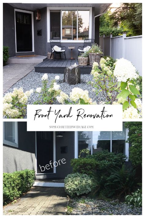 Front Yard Door Entrance, Front Yard Makeover Before And After, Small Townhome Front Yard Landscaping, City Front Yard Landscaping, Front Entrance Ideas Outdoor, Useful Front Yard, Front Lawn Seating Ideas, Front Yard Small Patio, Front Yard Landscaping With Porch Concrete Patios